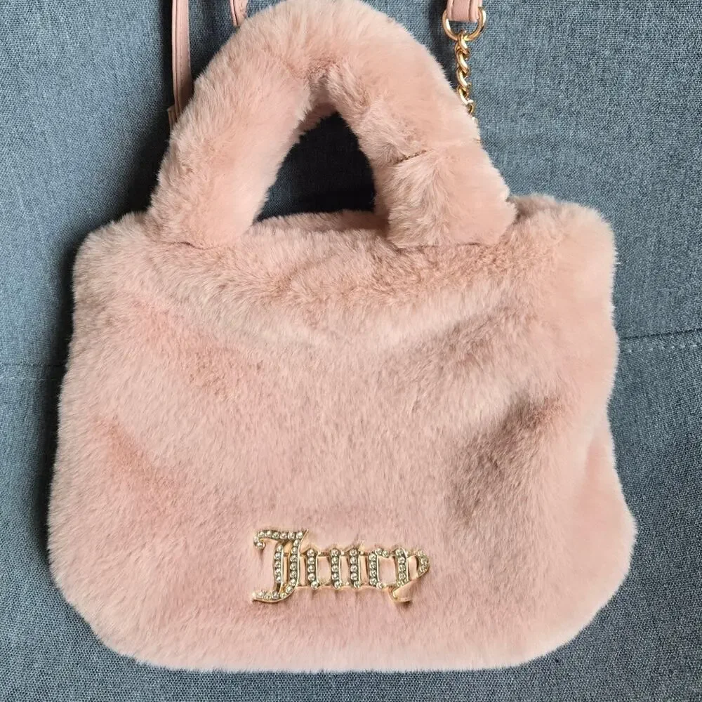 Juicy Couture Faux Fur Fluffy Mini Tote Handbag Dusty Blush Pink Y2K - Picture 2 of 14